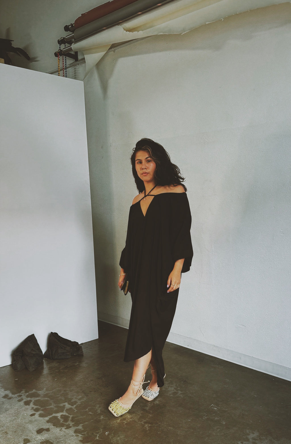 the convertible caftan dress in designer poly crepe de chine | classic black