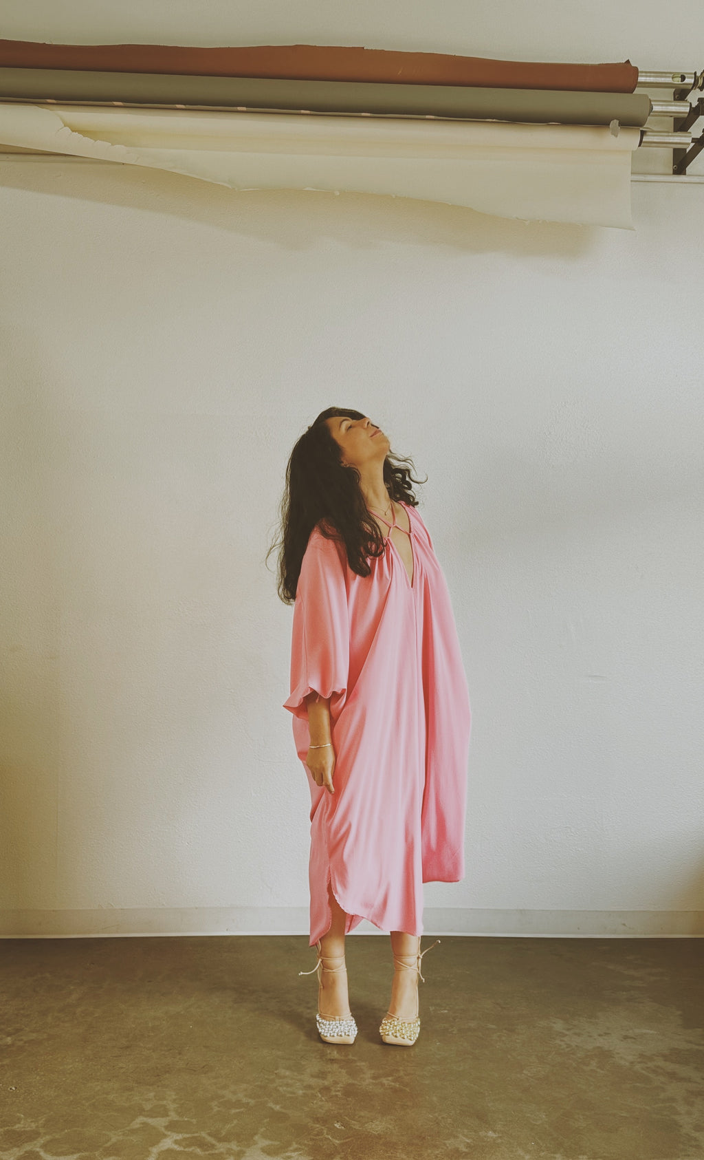 the convertible caftan in designer poly crepe de chine | pink