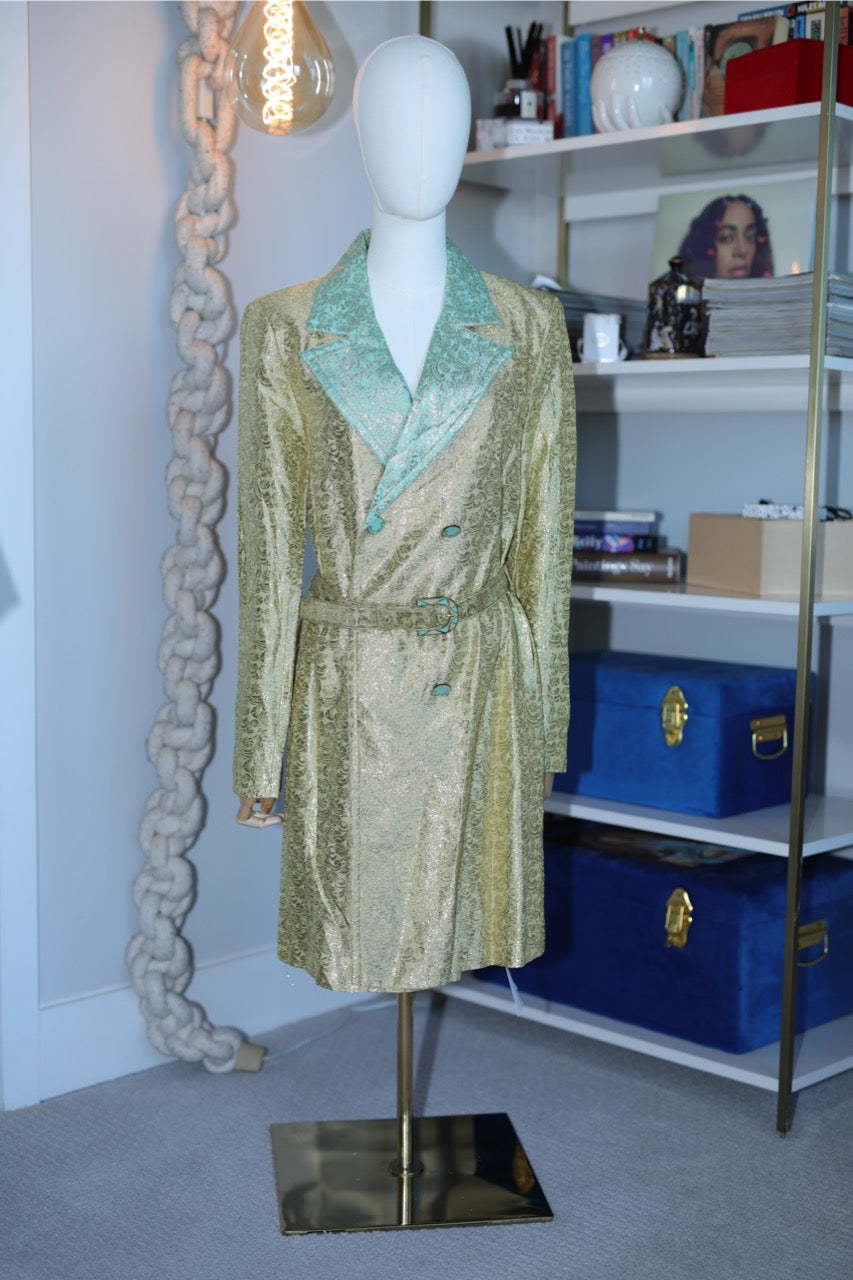 gold lame trench w/ contrast teal lapels | duro olowu