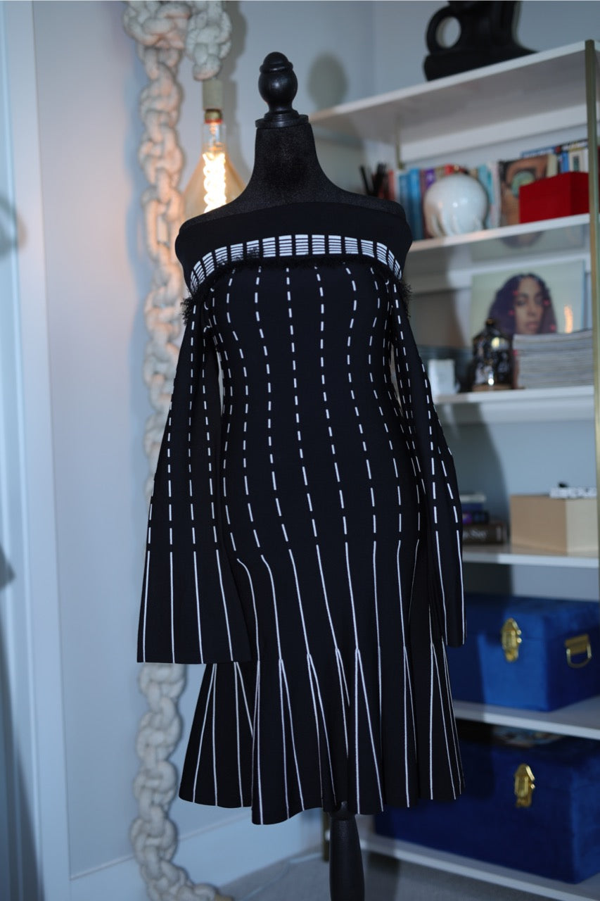 black + white lurex off shoulder trumpet mini dress | prabal gurung