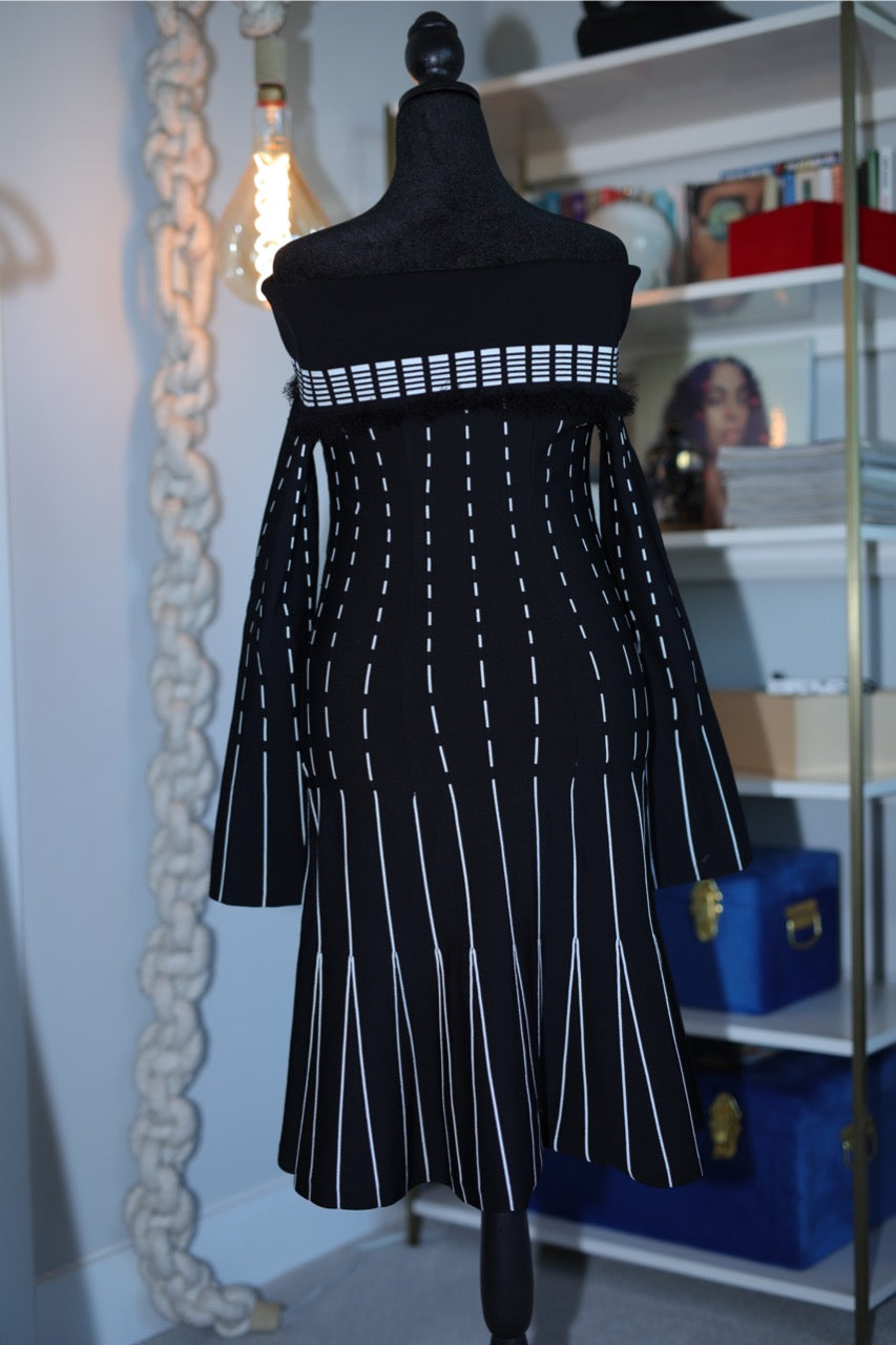 black + white lurex off shoulder trumpet mini dress