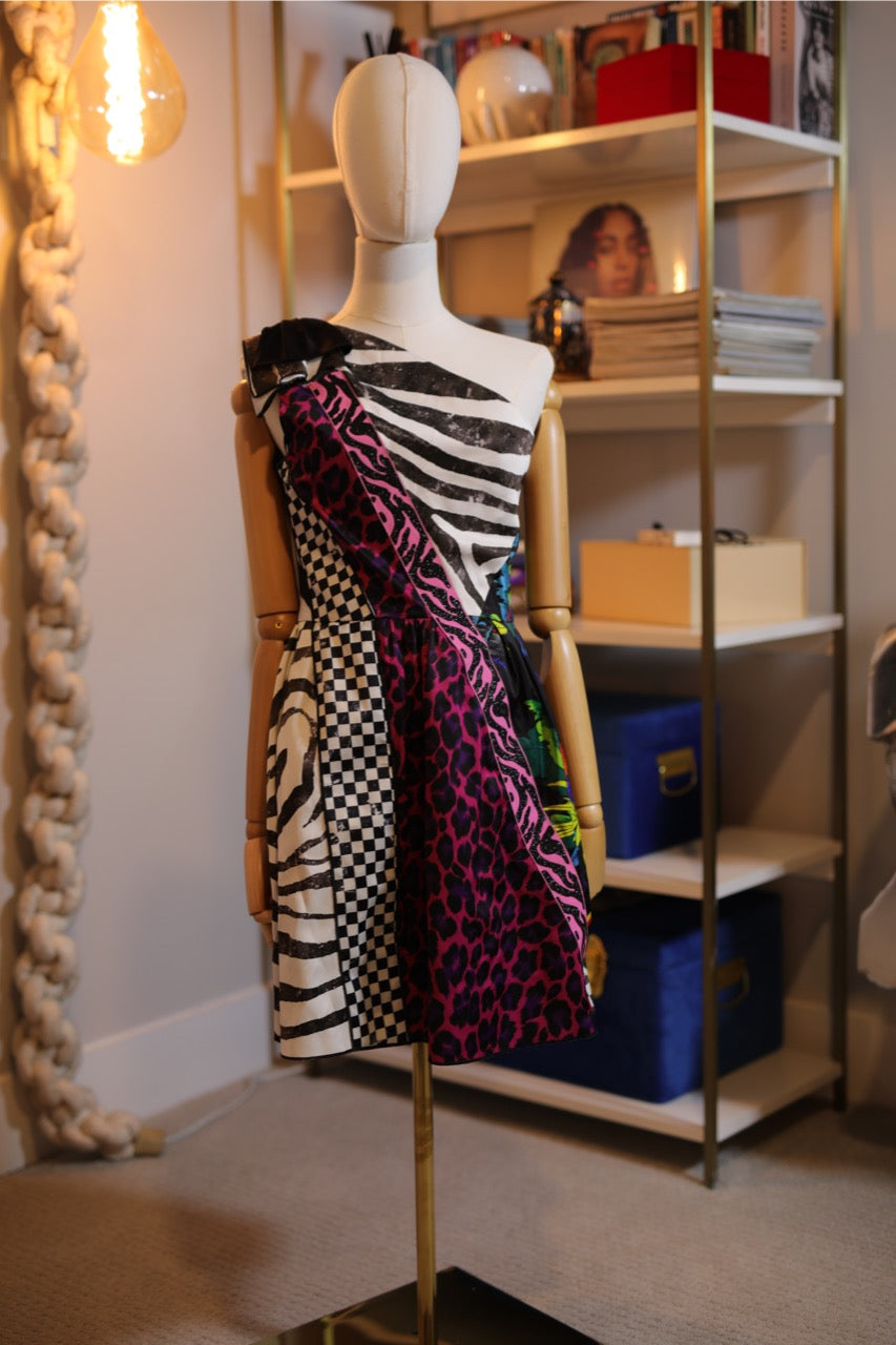 one shoulder multi color patchwork runway dress | marc jacobs