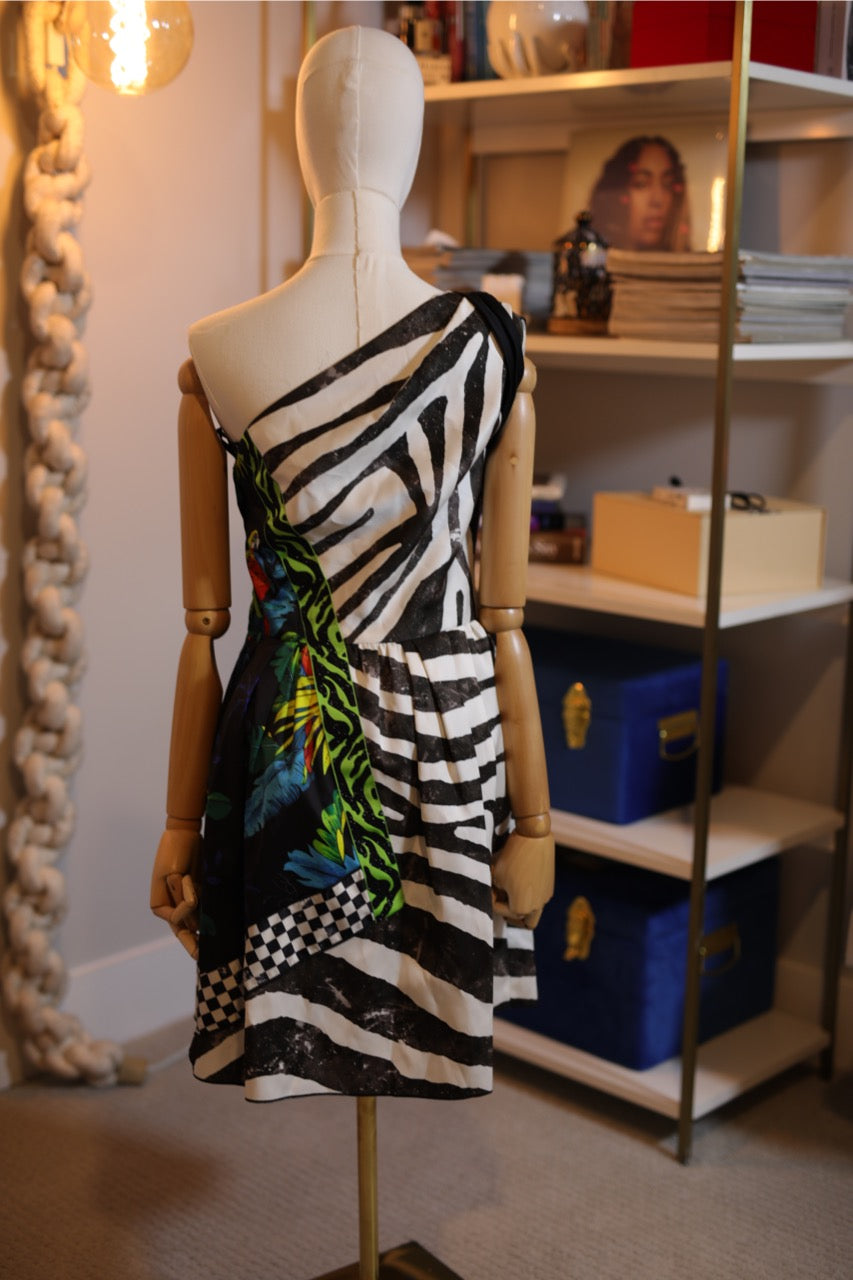 one shoulder multi color patchwork runway dress | marc jacobs