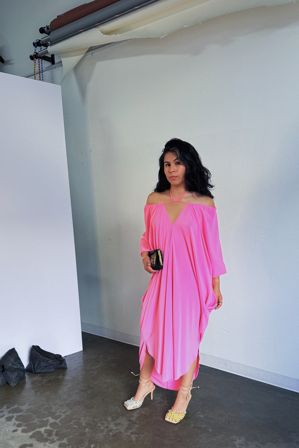 the convertible caftan in designer poly crepe de chine | pink