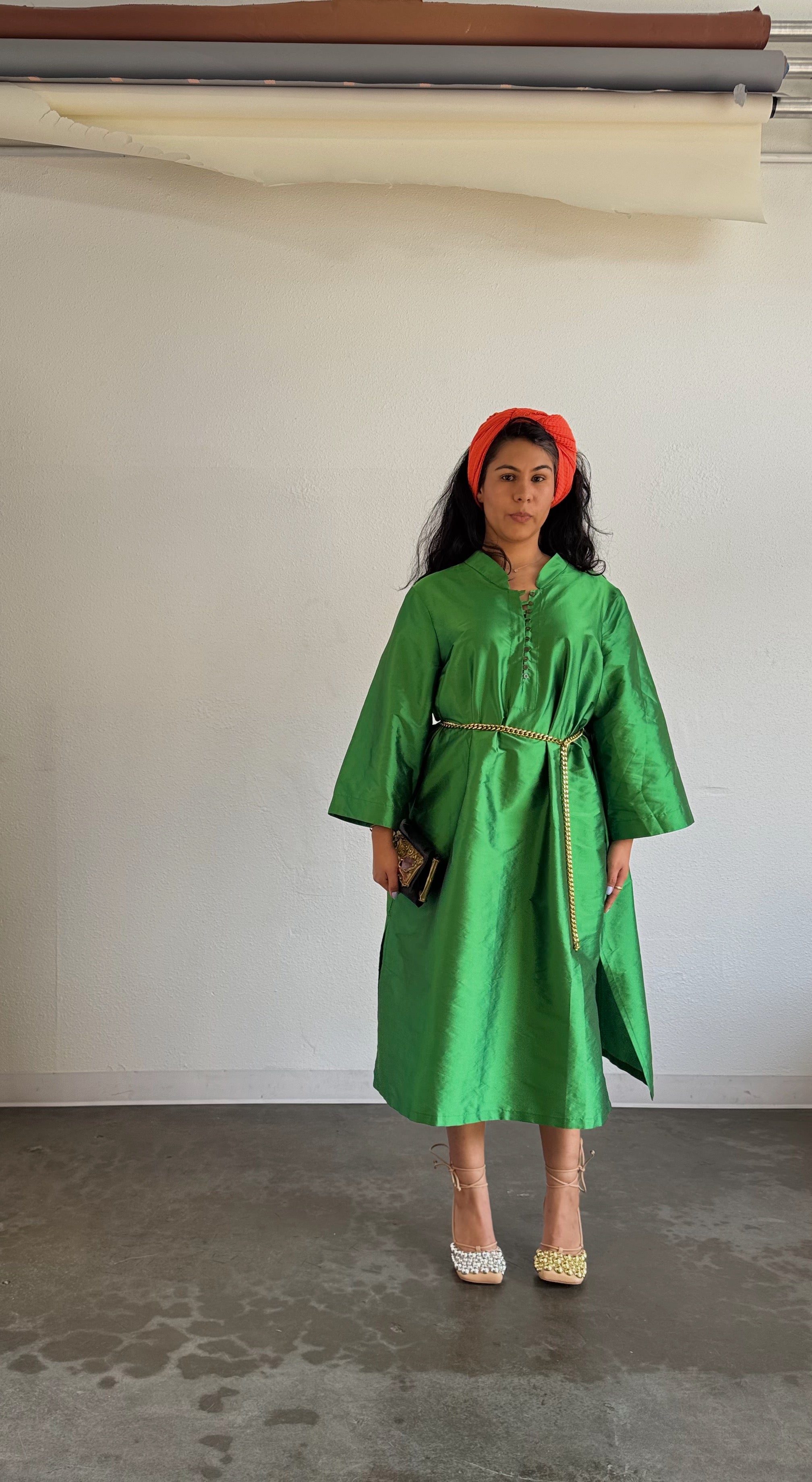 dupioni caftan dress | emerald